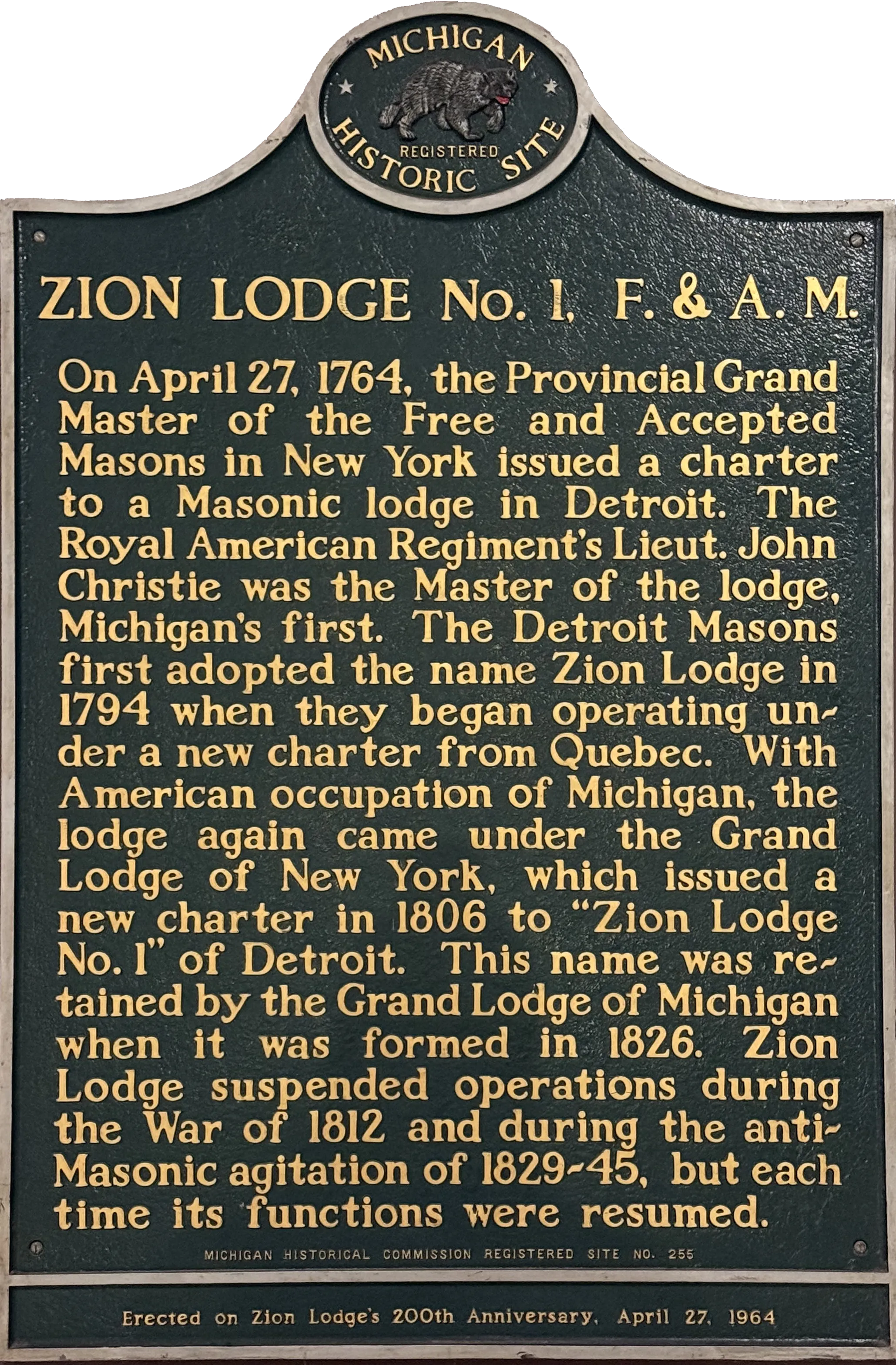 Commemorative plaque marking Zion Lodge No. 1 as Michigan's first Masonic Lodge, established 1764