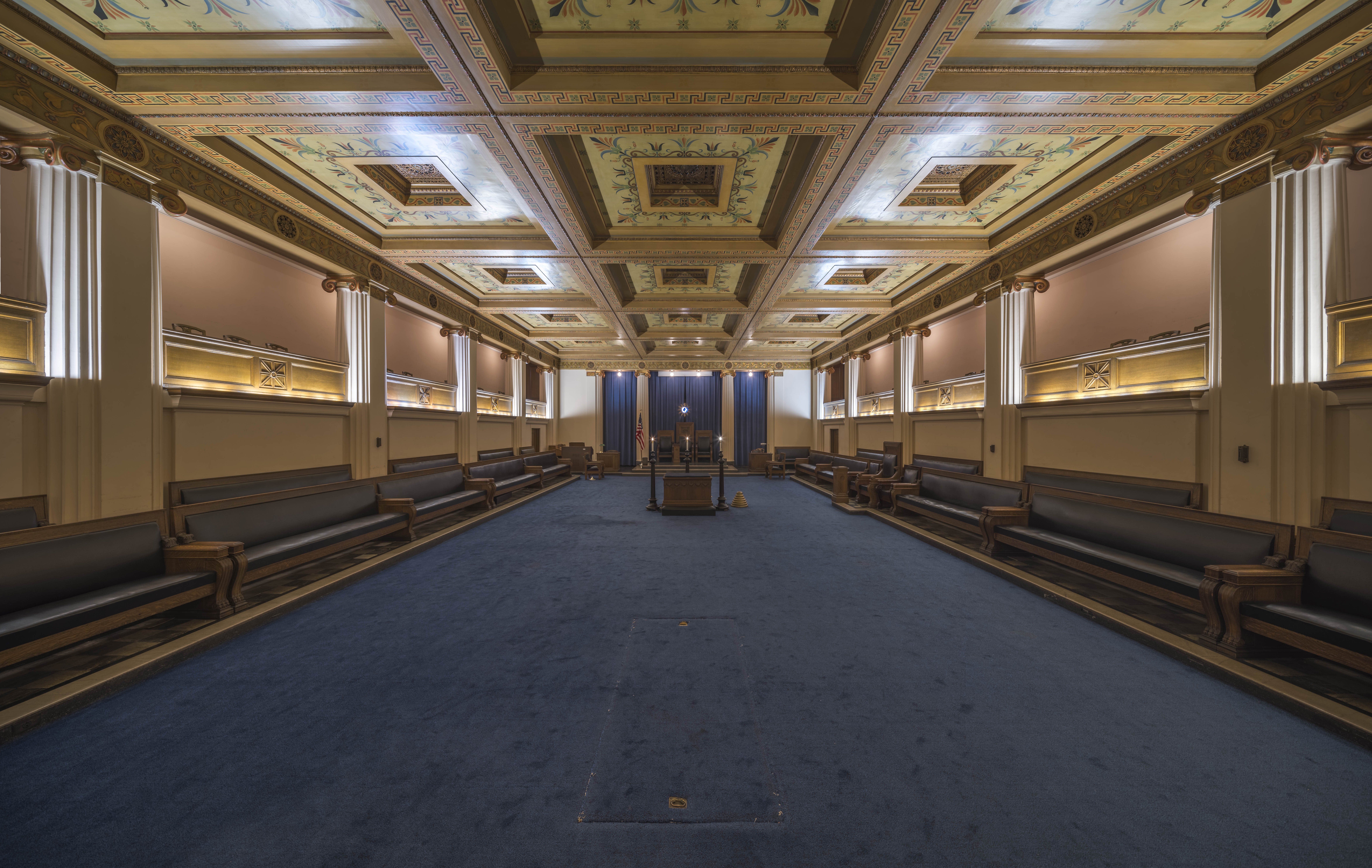 Coffered ceiling of Zion Lodge No. 1 with painted botanical panels