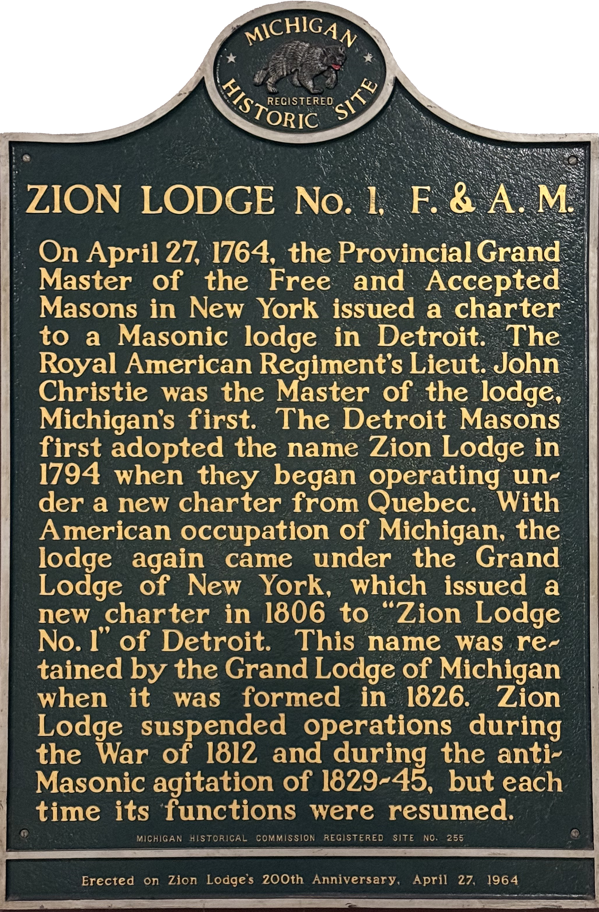 Commemorative plaque marking Zion Lodge No. 1 as Michigan's first Masonic Lodge, established 1764